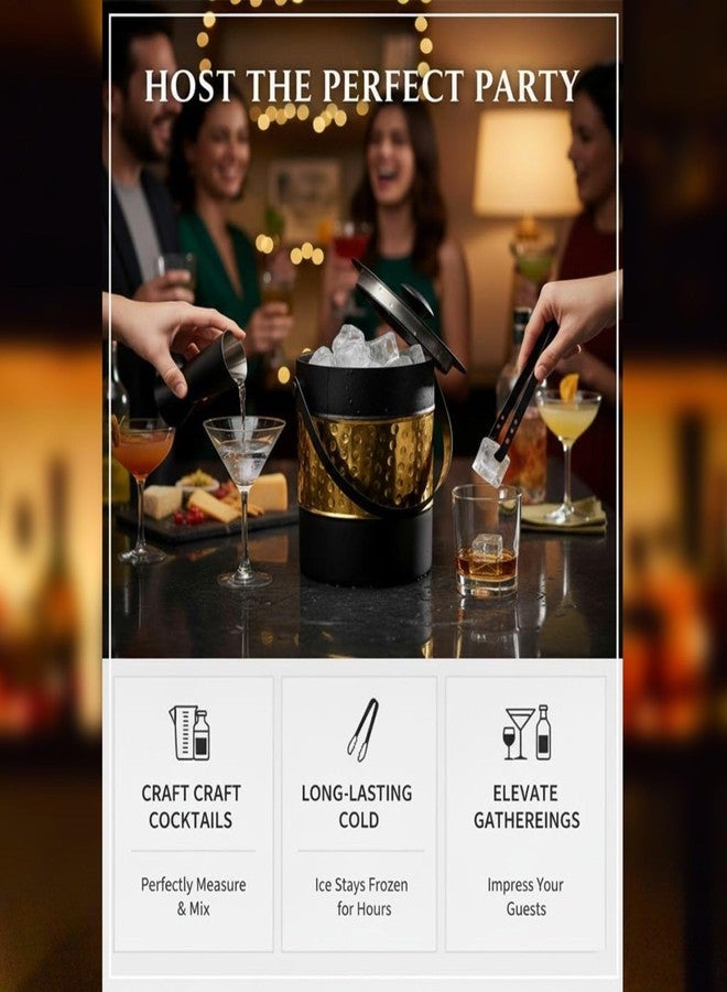 FINALITY دلو ثلج معزول مزدوج الجدران من الفولاذ المقاوم للصدأ من FINALITY مع غطاء وملقط ومقياس على شكل حرف V، سعة 1.5 لتر (أسود + ذهبي مطروق) - Image 5